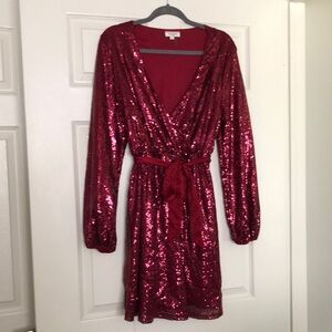 Sequin Wrap Dress with Tie Waist - Red